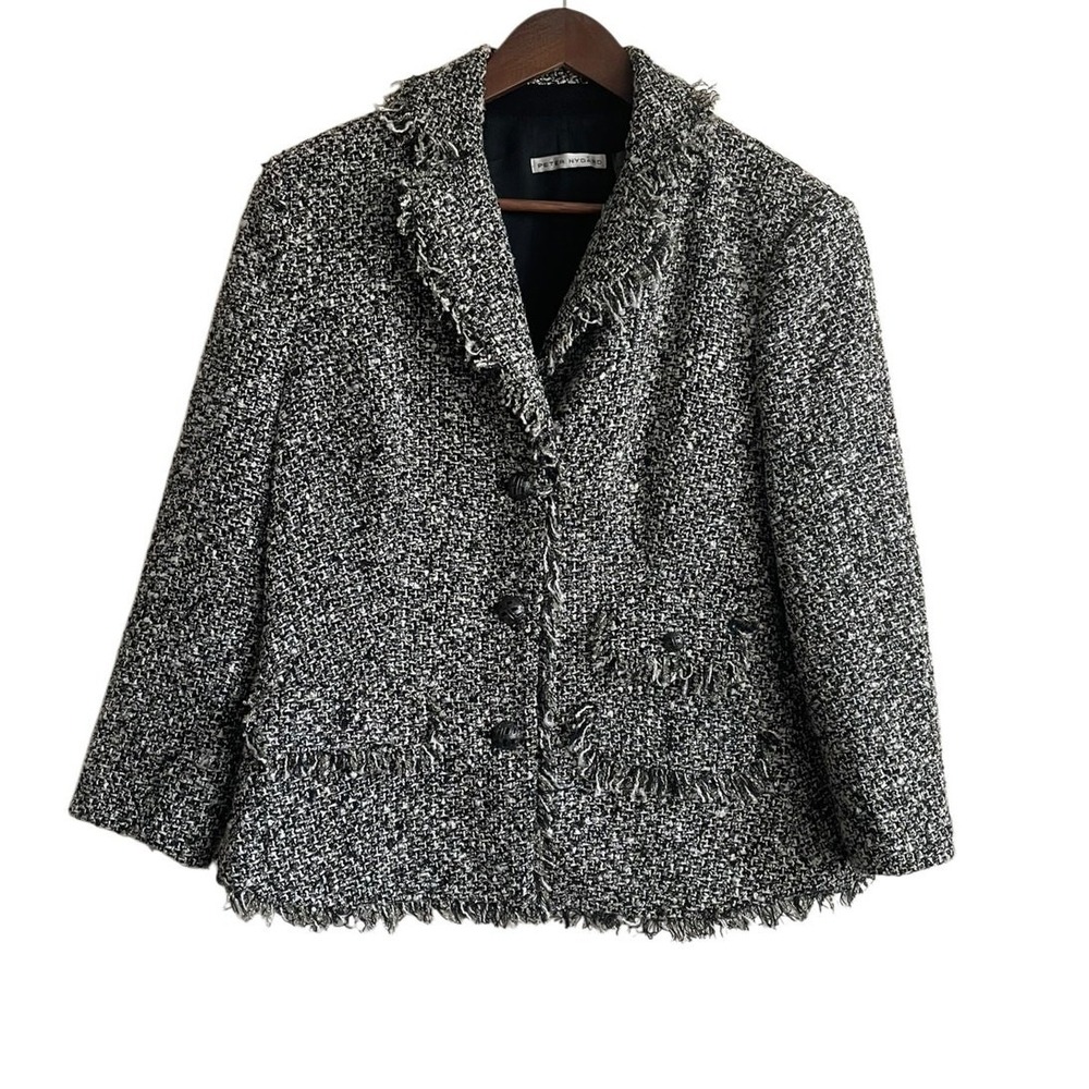 Peter Nygard Women Old Money Academia Tweed Blazer 12P Black‎ Metallic Fringe